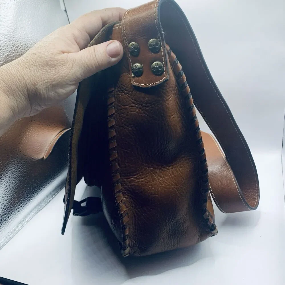 PATRICIA NASH HAND TOOLED SATCHEL CROSS BODY BAG PURSE Brown Leather